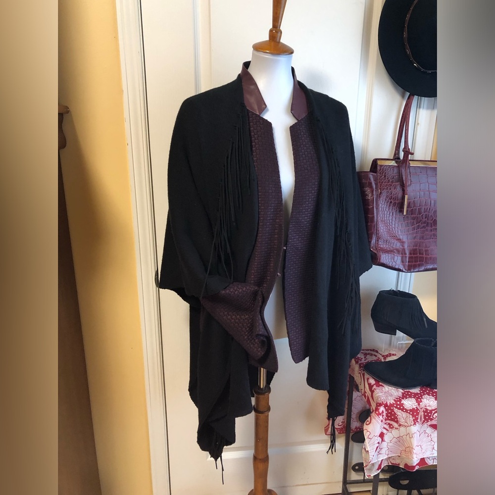 Black Fringe Knit wrap Poncho shawl cape